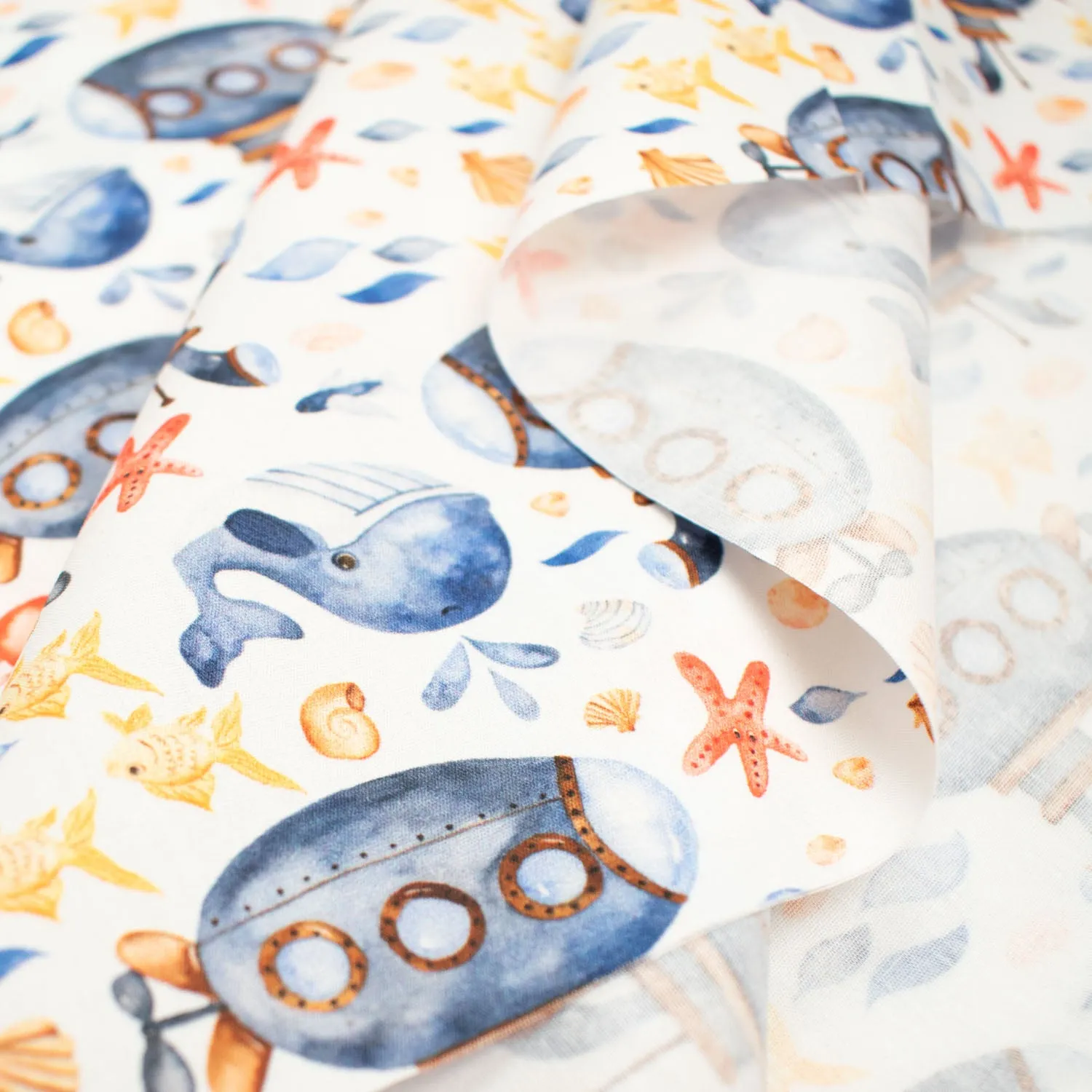 Blue Sea Collection #01 Big Submarine & Sea Life on White Cotton Prints